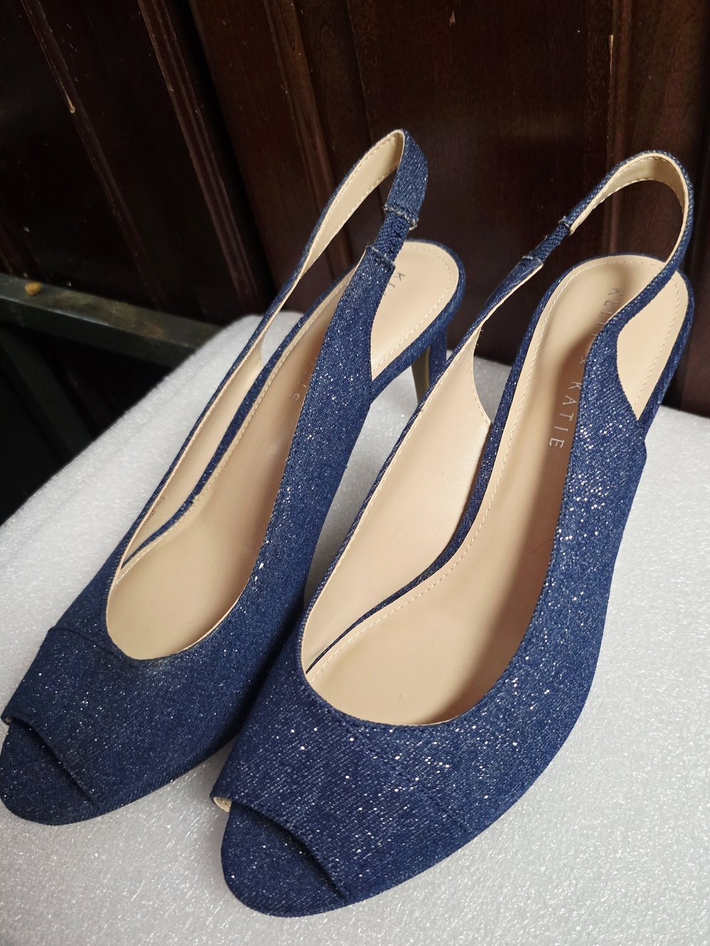 Kelly & Katie Navy Sparkle Slingback Peep-Toe Heels